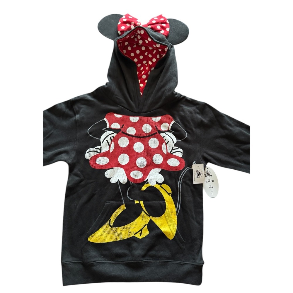Disney NWT Minnie Mouse Hoodie Ears Polka Dot Bow Black Pullover‎ Girls M (7/8)